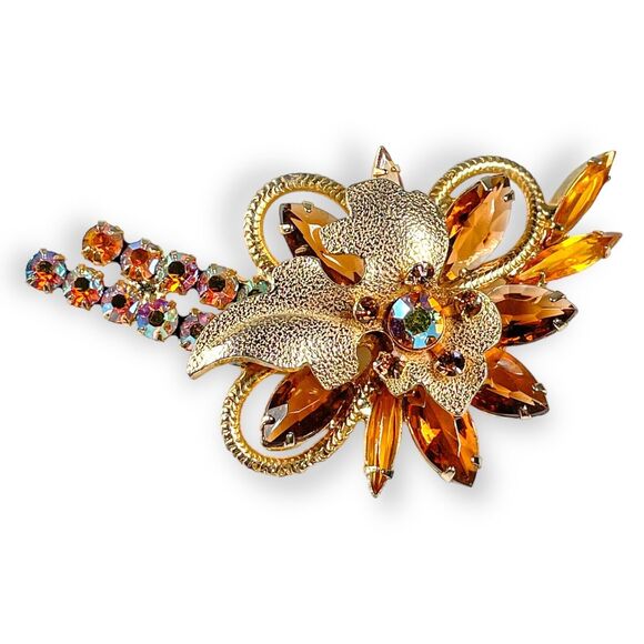Juliana Brooch with Topaz & AB Rhinestones and Metal Leaf Accent - Ref #606